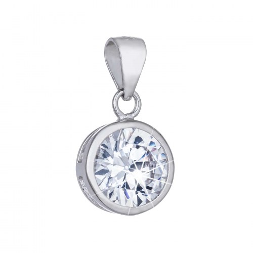 Stříbrný kulatý přívěsek s velkým bílým zirkonem.
